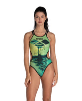 Costum Baie Femei W Arena One Double Cross Back One Piece - Black-Soft Green Multi