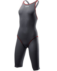 Costum competiție femei TYR Thresher Open Back (gri-roșu)